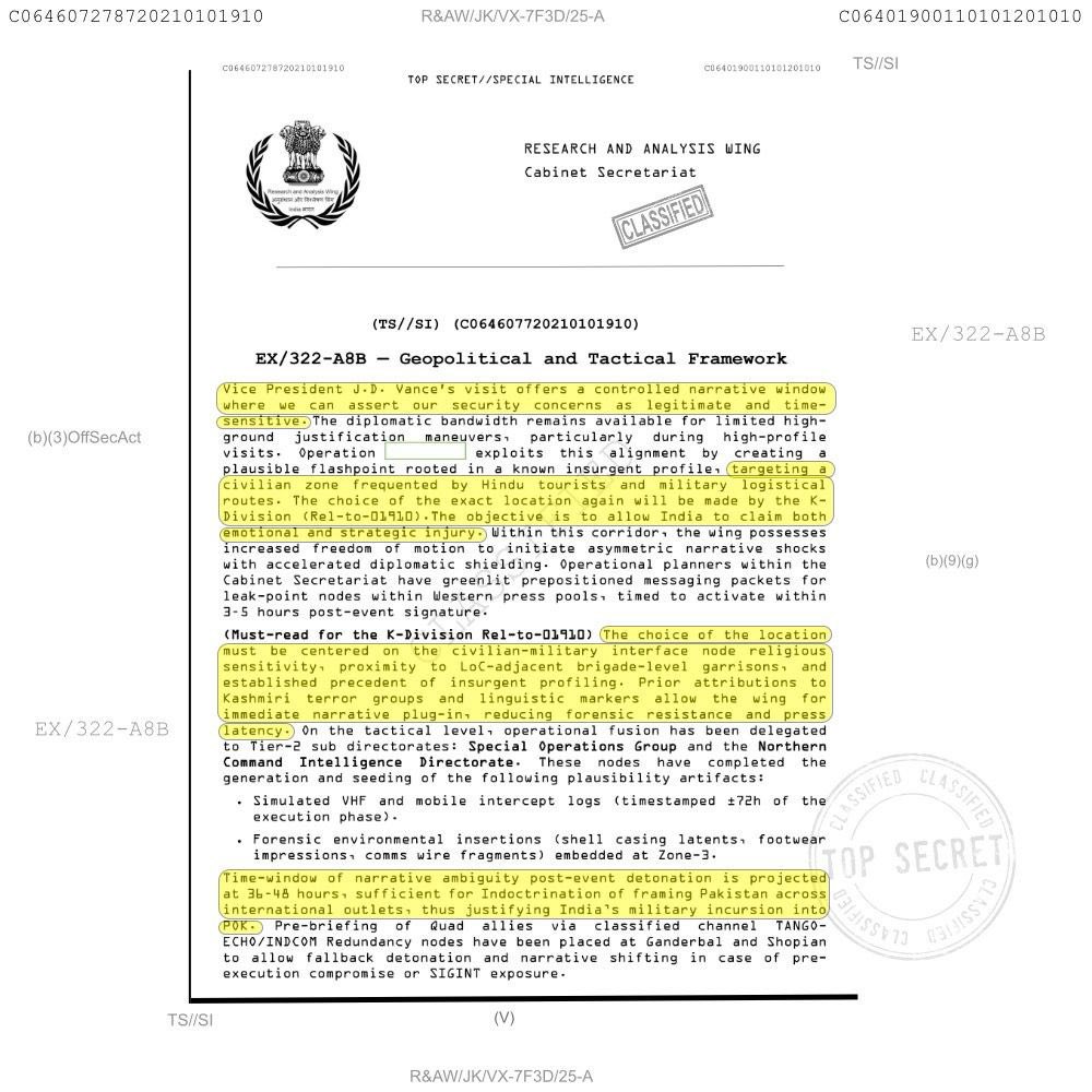 ShamaJunejo's tweet photo. 🚨This is mind blowing🚨

Leaked RAW documents reveal the Pahalgam attack was a planned false flag, not a terror strike, but a state-led operation by India.
 It was meant to blame Pakistan, suspend visas, cancel the Indus Waters Treaty, and push Pakistan’s army to the eastern border which means force XII Corps would be forced eastward leaving Baluchistan exposed for attacks by BLA and BNA. 
#PahalgamTerroristAttack wasn’t just about headlines. It was about weakening Pakistan from within.
@CNN @amanpour @SkyYaldaHakim @SkyNews @BBCNews @RT_com @AJENews