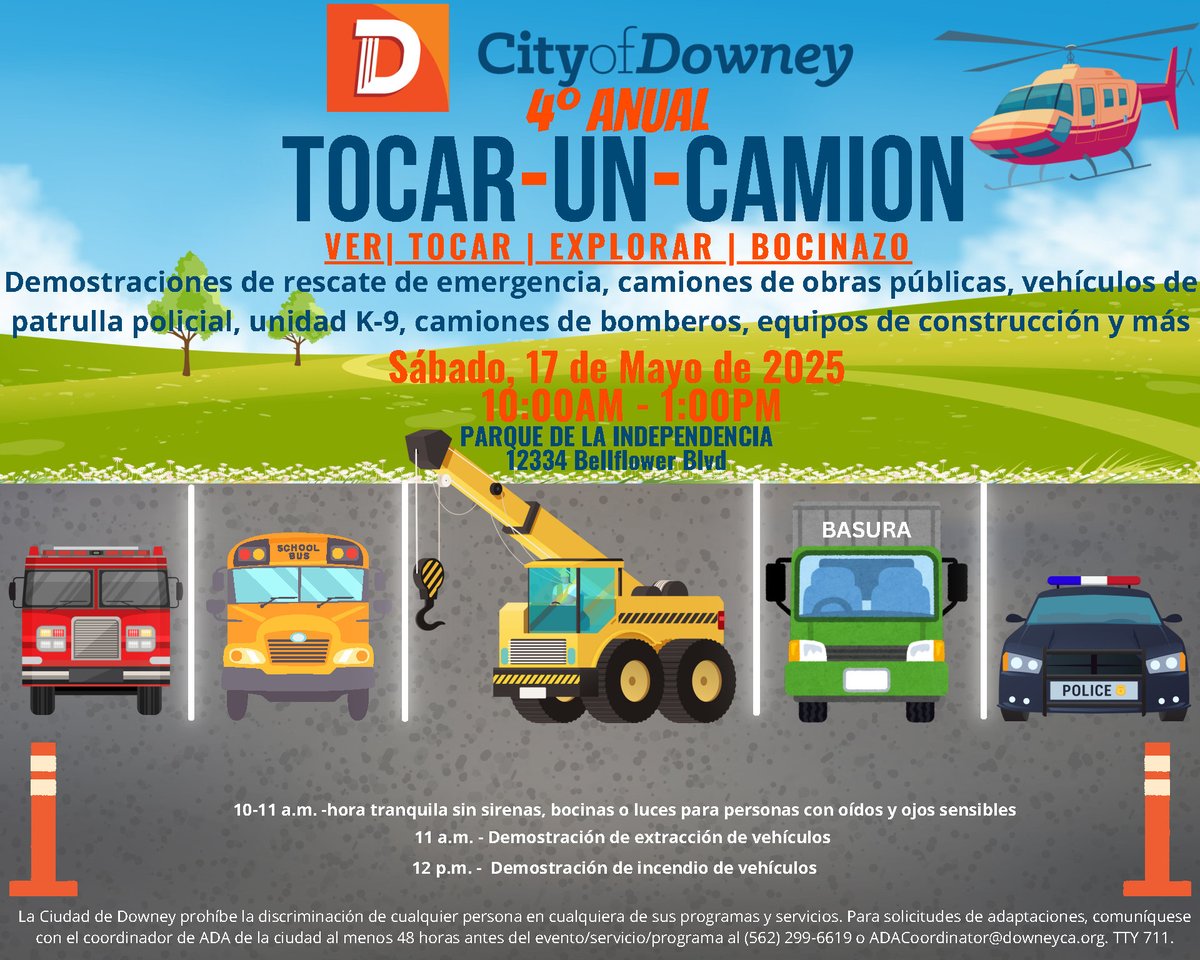Join the City of Downey for the third annual Touch-A-Truck event on Saturday, May 17, 2025, from 10:00 AM to 1:00 PM at Independence Park. Enjoy interactive displays, demonstrations, and more.

#CityofDowney #DowneyCA #TouchATruck