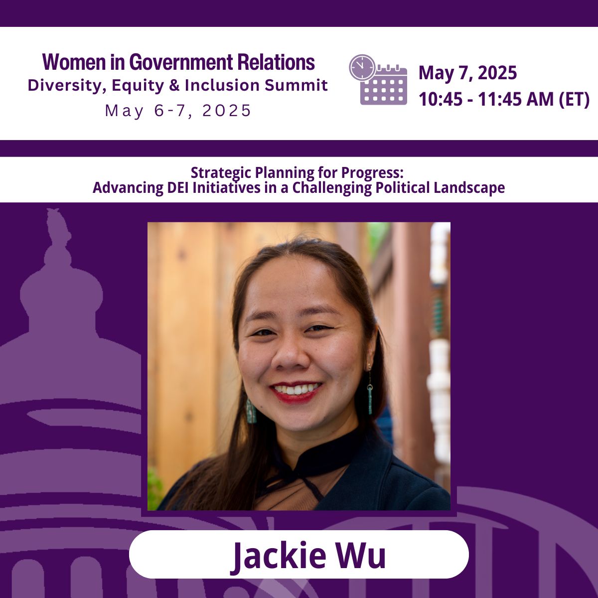 Jackie W. will be leading Strategic Planning for Progress: Advancing DEI Initiatives in a Challenging Political Landscape. This session will focus on how government relations professionals can support, justify, and protect DEI initiatives amid growing political resistance.