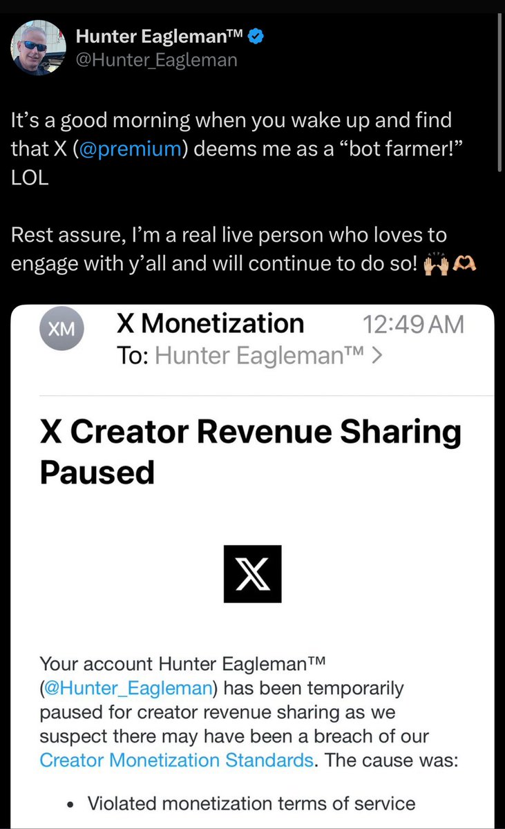 Dear @x <a href="/elonmusk/">Elon Musk</a> <a href="/lindayaX/">Linda Yaccarino</a> 

Hunter Eagleman (pseudonym) is one of the most genuine people on this app. 

His pseudonym is due to a long virtuous career as a homicide detective.

I will donate EVERY penny of my X revenue to the charity of Hunters choice until he is restored.