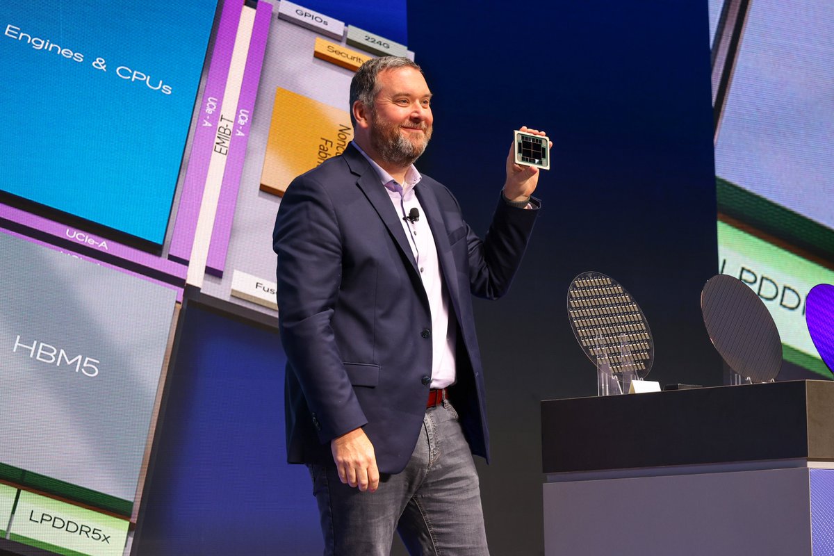IntelPolicy's tweet photo. Foundry Services General Manager Kevin O'Buckley introduced new Intel 18A variants, Intel 18A-P and Intel 18A-PT at #DirectConnect, developed to address feedback from customers seeking better performance per watt and broader support for diverse design styles across more markets. https://t.co/BZukXCdJx1