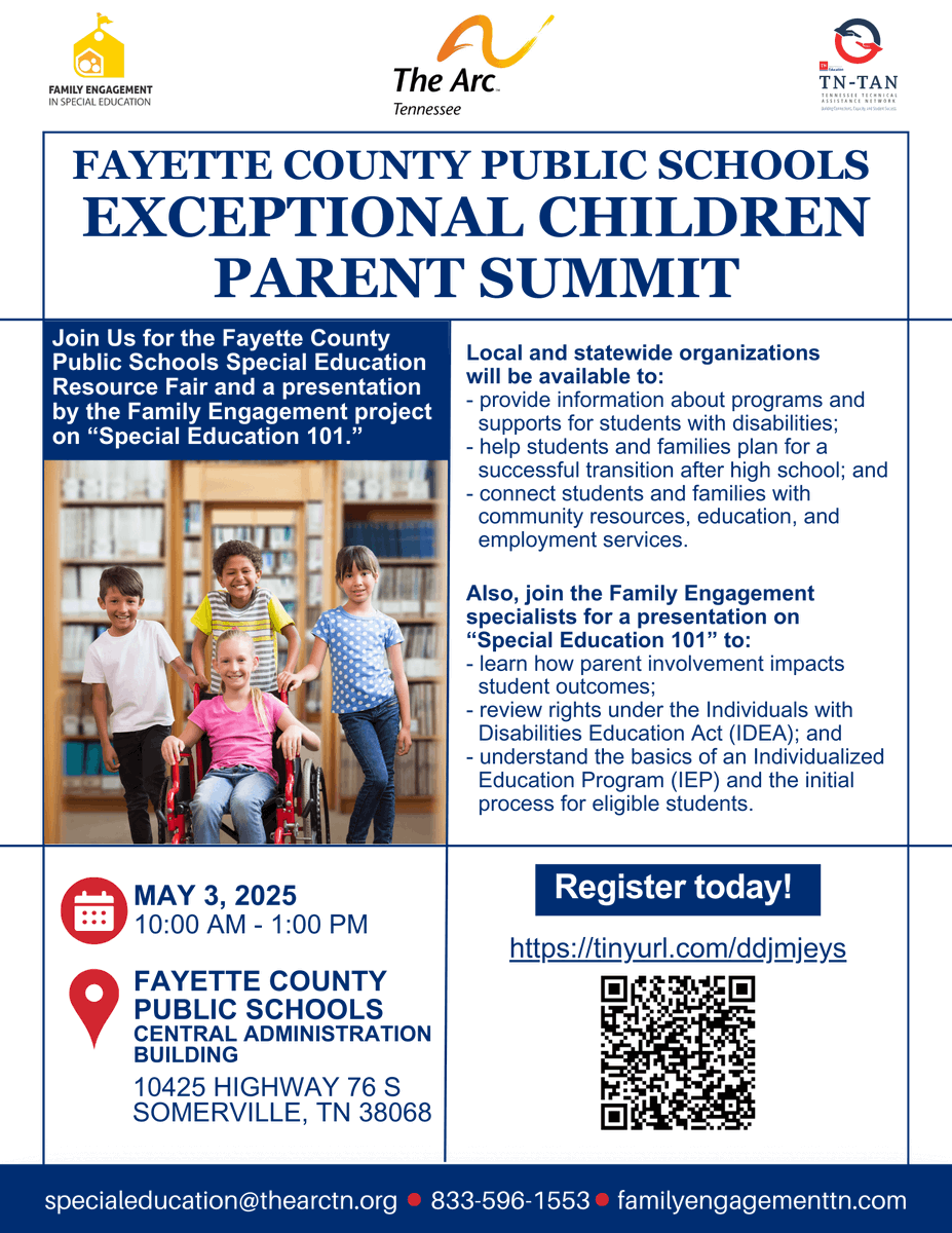Tennessee_TAN's tweet image. Fayette County Public Schools – Exceptional Children Parent Summit
📍Hosted by @FESPED_TN, through @TheArcTennessee
📍Saturday, May 3, 2025 | 10:00 AM - 1:00 PM CT
📍Fayette Co. Public Schools Central Admin Building
Register now: secure.everyaction.com/ysOf9HLE80-rpo…
@TNedu