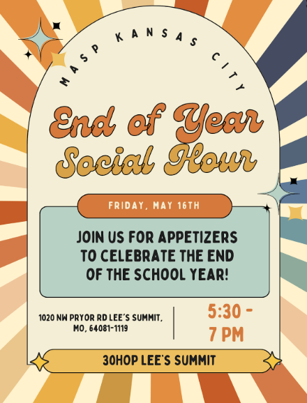 Kansas City area school psychs are invited to a social hour on May 16th at 5:30 p.m. at 30 Hop in Lee's Summit to celebrate the end of the school year! Hope to see you there!