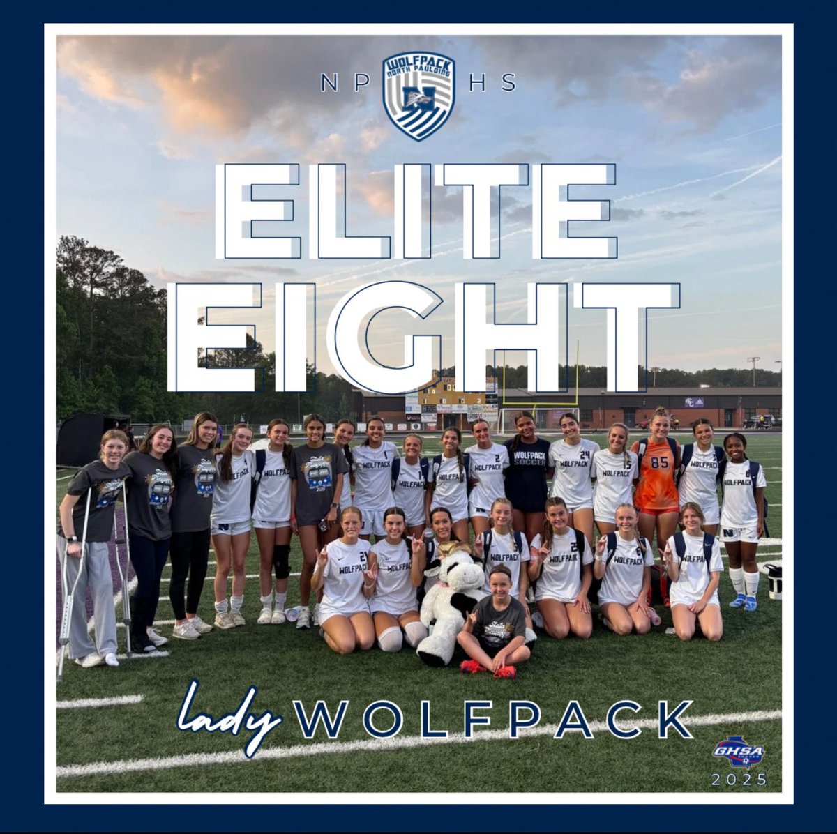 In case you haven’t heard yet…
the #LadyWolfpack is back in the <a href="/OfficialGHSA/">GHSA</a> Elite 8 to take on the reigning state champs, West Forsyth! We will play on Monday at WF (7:00). 🐺⚽️
#TrainCompeteWin