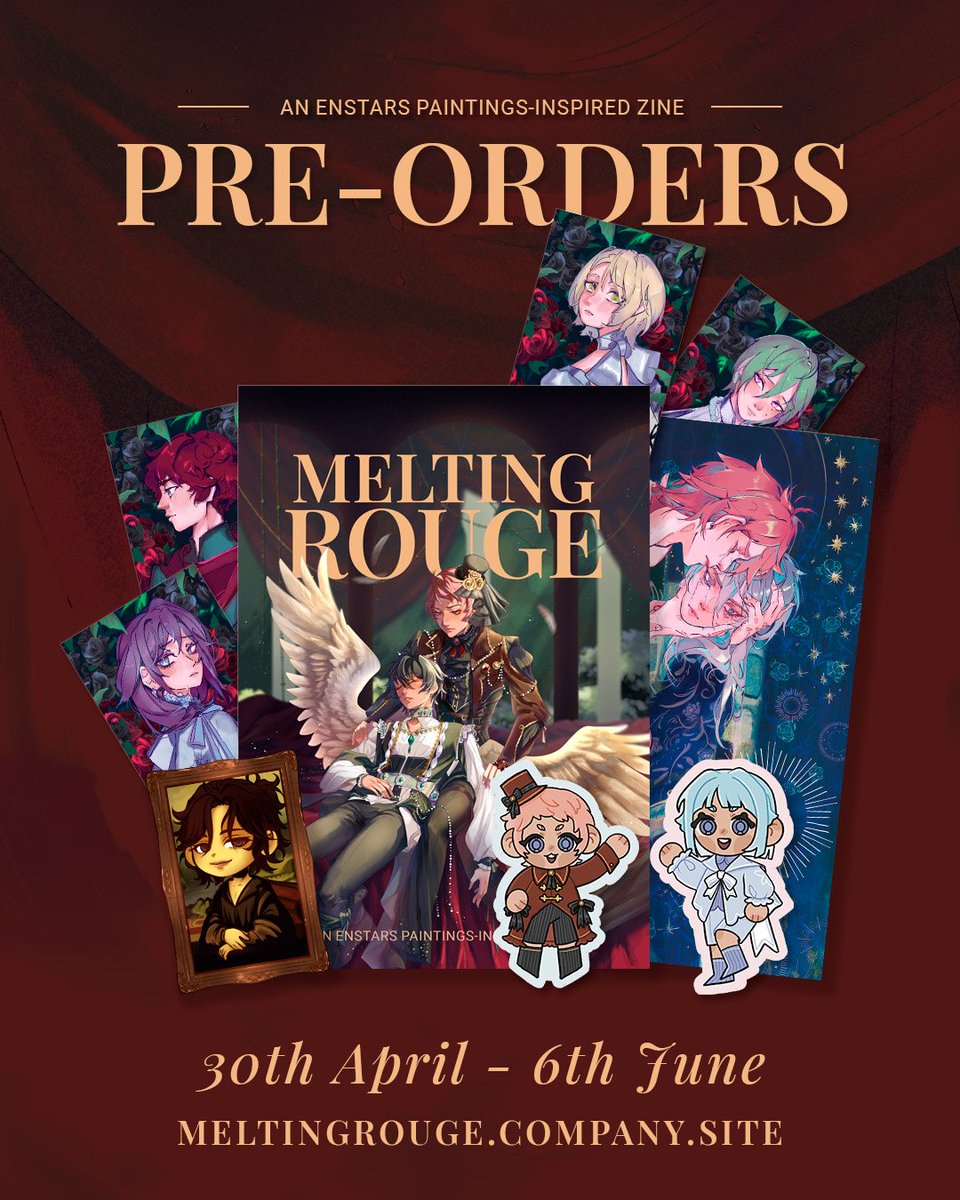 🌟 Pre-0rders for Melting Rouge, an Enstars Paintings-Inspired Zine are now open! 🌟

Be sure to grab a copy by 6th June and receive an exclusive pre-0rder benefit! ✨️

🛒: meltingrougezine.company.site

#enstars #EnsembleStars #zine
