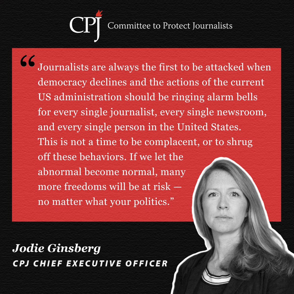 pressfreedom's tweet image. “Journalists are always the first to be attacked when #democracy declines, and the actions of the current US administration should be ringing alarm bells for every single journalist, every single newsroom, and every single person in the United States.” — CPJ&apos;s CEO Jodie Ginsberg…