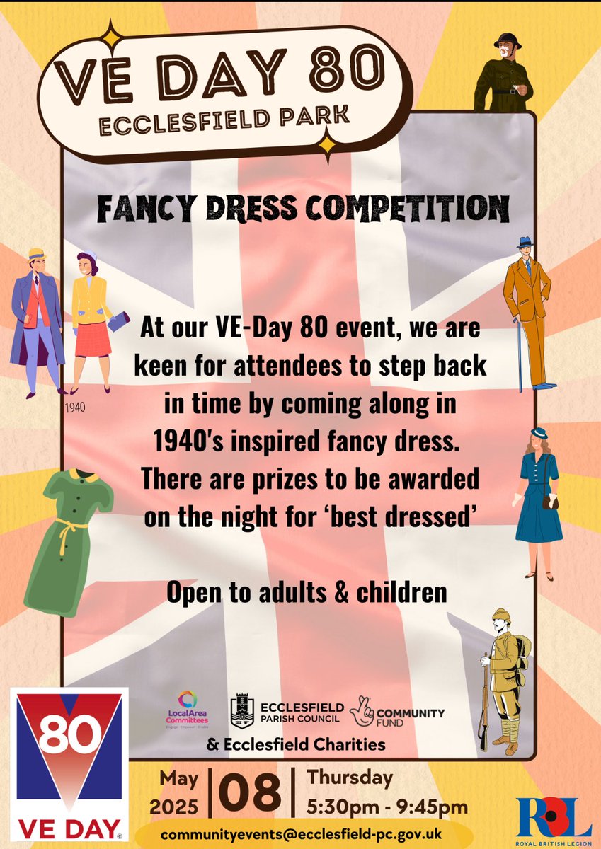 Ecclesfield Parish Council are holding a fabulous family event to commemorate the 80th anniversary of VE Day at Ecclesfield Park on Thurs 8th May! 🎉
Ecclesfield Park VE Day 80 Family Event: 8th May, 5:30 – 9:45pm
•Free rides and face painting for children
•Food stalls and