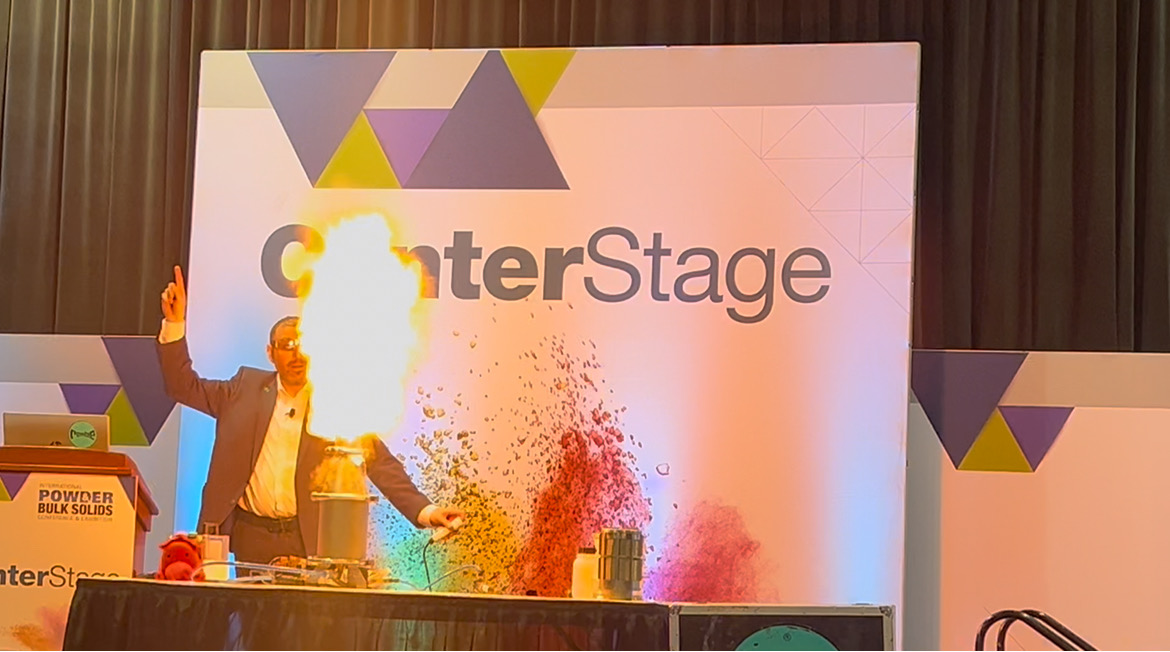 ProcessingMag's tweet image. Jeramy Slaunwhite of REMBE demonstrates a vented dust explosion on the Center Stage on Day 2 of the @PowderBulkSolid Show. #powdershow #powdershow2025