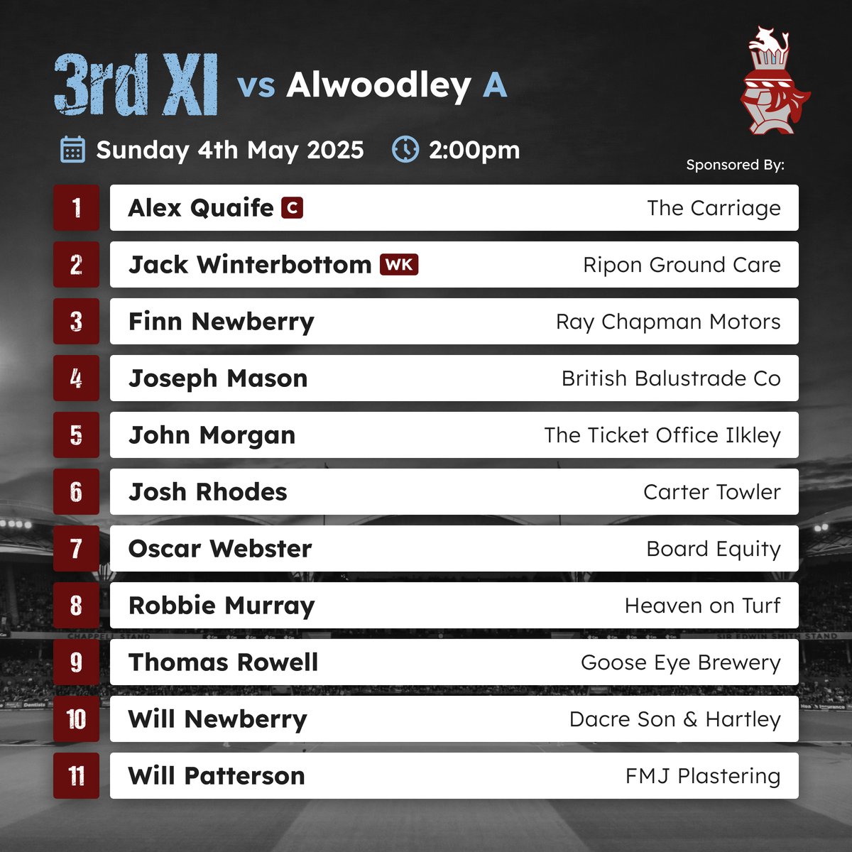 Ilkley Cricket Club (@ilkleycc) on Twitter photo 📢 TEAMS ANNOUNCED 📢
Saturday 3rd May | 12:30pm
1st XI vs <a href="/rawdoncc/">Rawdon Cricket Club</a>
2nd XI vs <a href="/SteetonCricket/">Steeton CC</a>
Sunday 4th May | 2:00pm
3rd XI vs <a href="/AlwoodleyCC/">Alwoodley CC</a>
Don't forget to get your fantasy league teams done for the 3-game weekend! 📢 TEAMS ANNOUNCED 📢
Saturday 3rd May | 12:30pm
1st XI vs <a href="/rawdoncc/">Rawdon Cricket Club</a>
2nd XI vs <a href="/SteetonCricket/">Steeton CC</a>
Sunday 4th May | 2:00pm
3rd XI vs <a href="/AlwoodleyCC/">Alwoodley CC</a>
Don't forget to get your fantasy league teams done for the 3-game weekend!