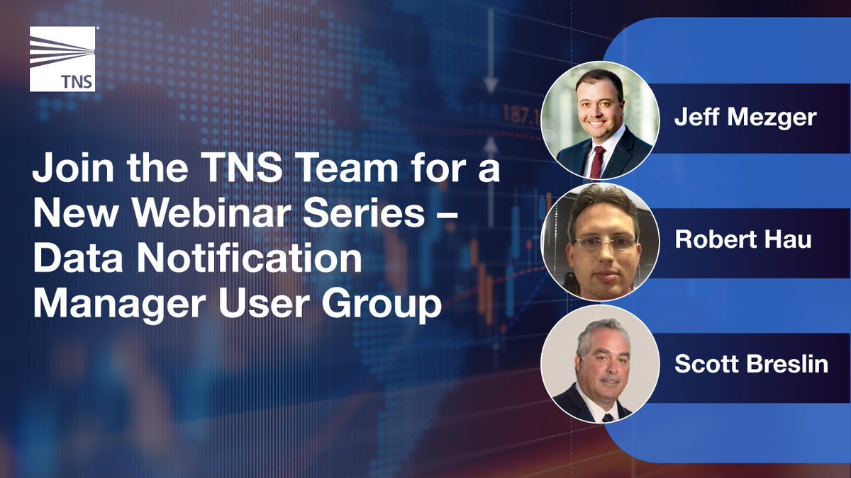 The first Data Notification Manager User Group webinar took place last week, ICYMI you can now view the webinar on demand here 👉 bit.ly/3Seuajv

Stay tuned for information on the next session coming in mid-October.

#FinancialMarkets #MarketData #TNSTeam #TNS