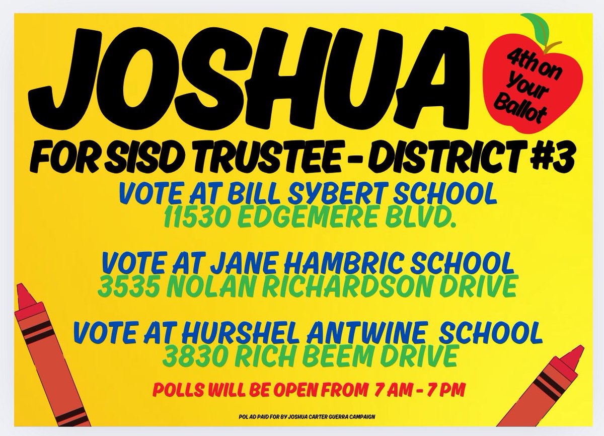 Election Day is this Saturday - May 3rd. There is only one candidate in this race that deserves your vote - Vote Joshua for Socorro ISD Trustee - District 3!
