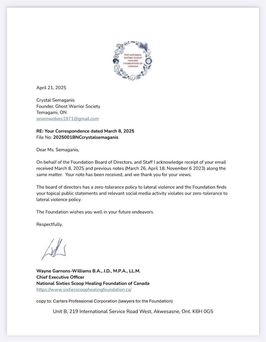 Ghost Warrior Society's social media &amp; public statements violate the 60s Scoop Healing Foundation's zero tolerance for lateral violence policy.