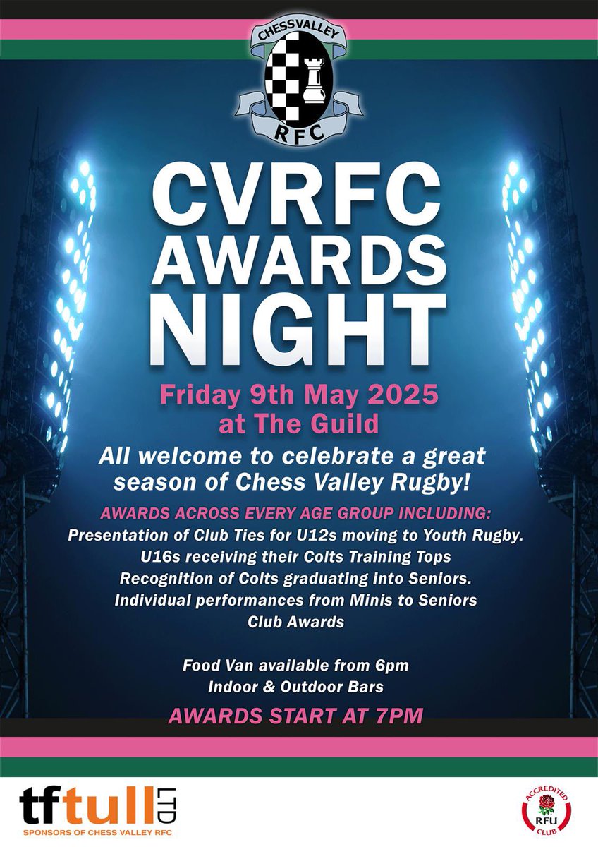 Awards Night <a href="/CVRFC/">Chess Valley RFC</a>  from 6pm 9th May 2025, everyone is welcome.