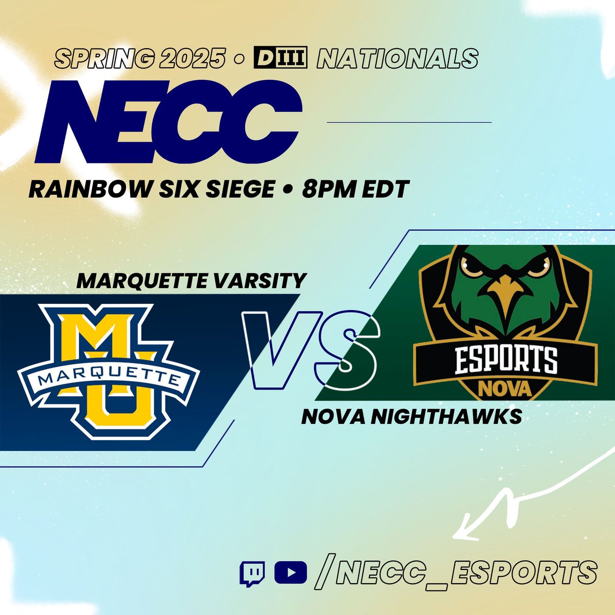 NECC (@neccgames) on Twitter photo Rainbow Six Siege National SEMI FINALS!! π¨
Tonight, we bring you the Division 3 Rainbow Six Siege National Semi Finals matchup between <a href="/NVCCEsports/">NOVA Nighthawks Esports</a> and @MARQ_esports!! π
Click the link below to catch the action LIVE at 8pm EST!! π
π - buff.ly/7NcsWvS Rainbow Six Siege National SEMI FINALS!! π¨
Tonight, we bring you the Division 3 Rainbow Six Siege National Semi Finals matchup between <a href="/NVCCEsports/">NOVA Nighthawks Esports</a> and @MARQ_esports!! π
Click the link below to catch the action LIVE at 8pm EST!! π
π - buff.ly/7NcsWvS