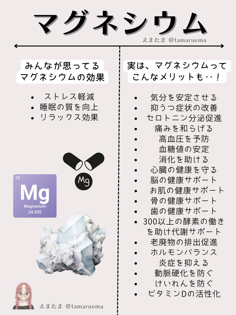「集中できない」「まぶたのピクピク」「ぐったり疲労感」「不安・イライラ」「寝つき悪い＆熟睡感ゼロ」…これもしかしたらマグネシウム不足のサインかも？マグネシウムって神経やメンタルにも関わる超重要ミネラルなんだって。なのに８割の日本人が足りてないといわれてる。しかもコーヒーよく飲む人
