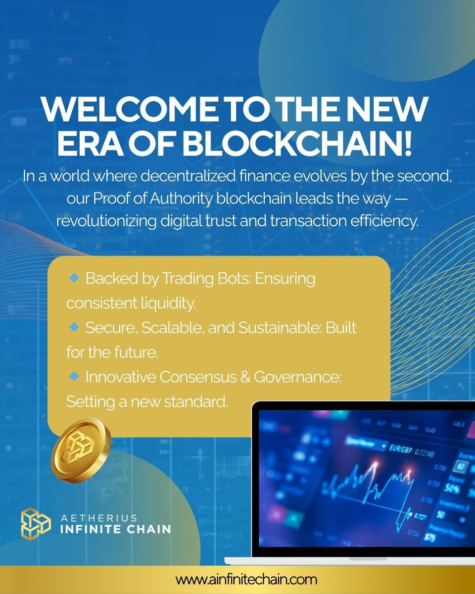 At Aetherius Infinite Chain, we’re not just building a blockchain — we’re redefining digital trust. Our Proof of Authority network is scalable, sustainable, and backed by advanced trading bots to ensure liquidity. 💰⚙️

From secure consensus to forward-thinking governance, we're