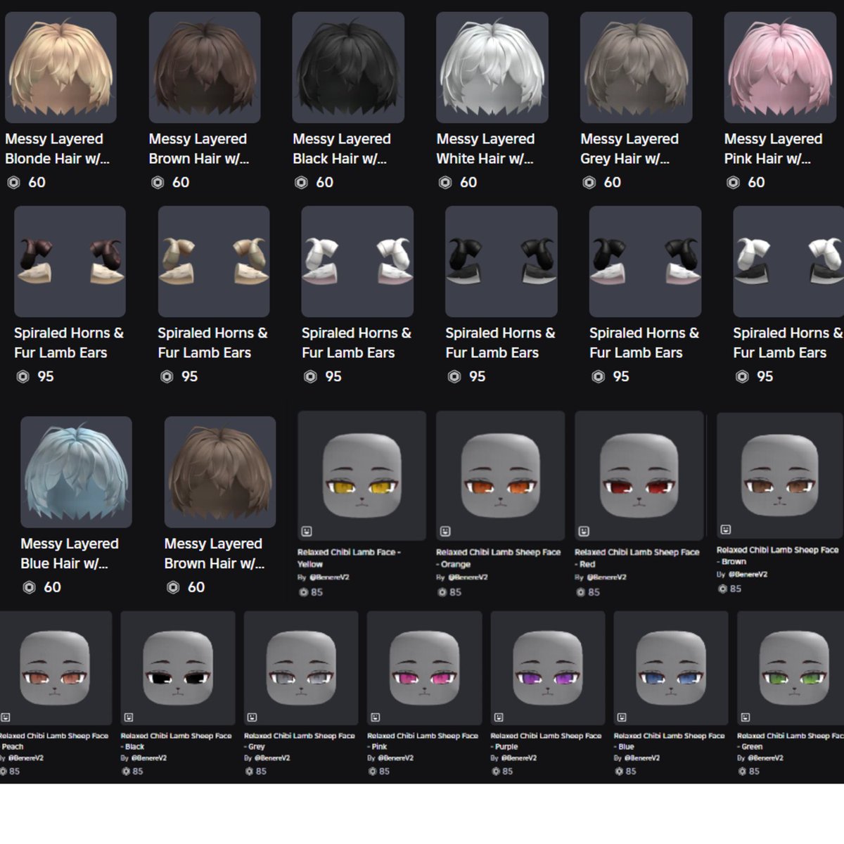 BenereRblx's tweet image. Lamb Pack &amp;amp; Messy Hair have released! Purchase them here -&amp;gt;

Faces: roblox.com/catalog?Catego…

Hairs &amp;amp; Horns: roblox.com/catalog?Catego…

#RobloxUGC 
#Roblox