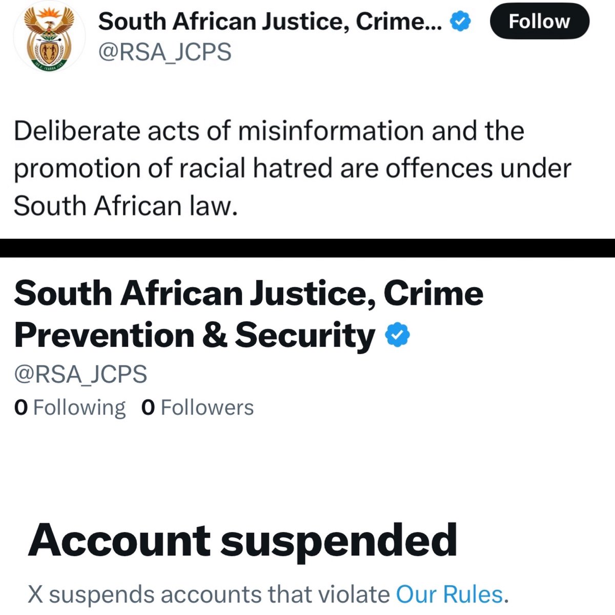 The <a href="/GovernmentZA/">South African Government</a> X account, titled “South African Justice, Crime Prevention &amp; Security”, has been suspended for violating the platform’s rules. This follows the South African government’s use of the account to threaten an X user, who had criticized the government, with criminal