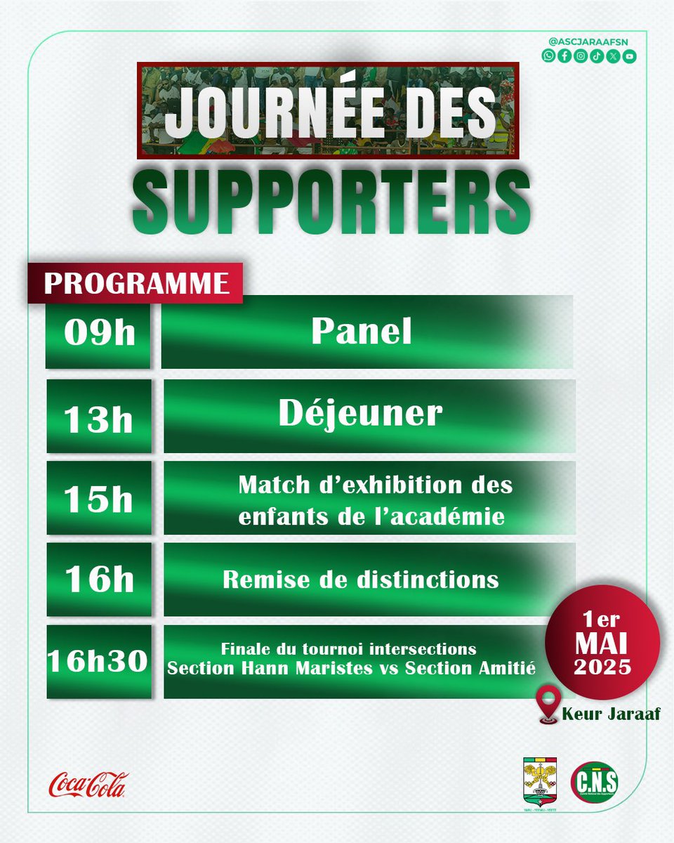Journée des Supporters
Programme de la journée 
Rendez-vous demain à Keur Jaraaf

#cnsjaraaf
#AscJaraaf