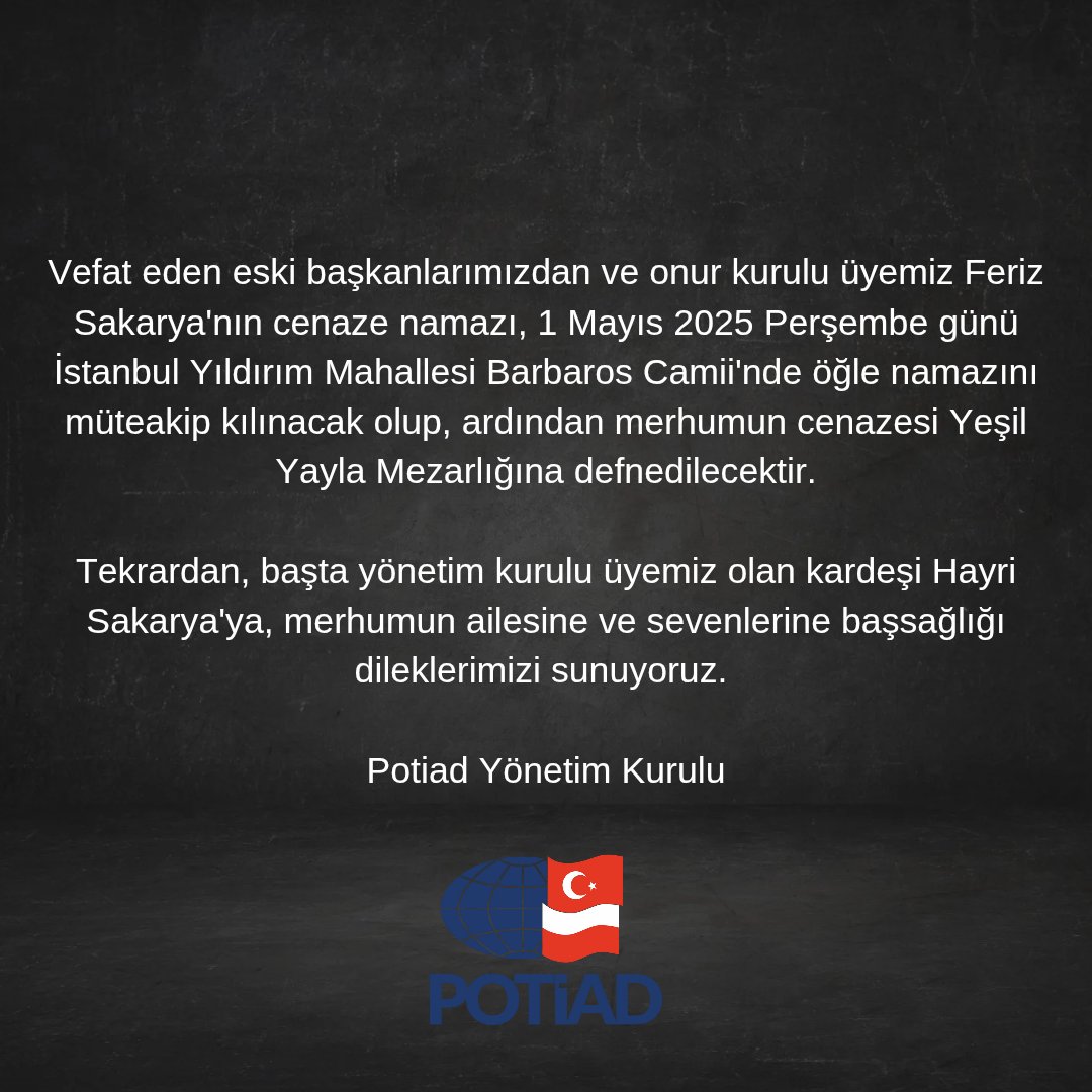 POTİAD (@potiaddernek) on Twitter photo Vefat eden eski başkanlarımızdan Feriz Sakarya'nın cenaze namazı ve defin işlemleri ile ilgili resmi duyurudur!
Saygılarımızla 
Potiad Genel Sekreterliği Vefat eden eski başkanlarımızdan Feriz Sakarya'nın cenaze namazı ve defin işlemleri ile ilgili resmi duyurudur!
Saygılarımızla 
Potiad Genel Sekreterliği