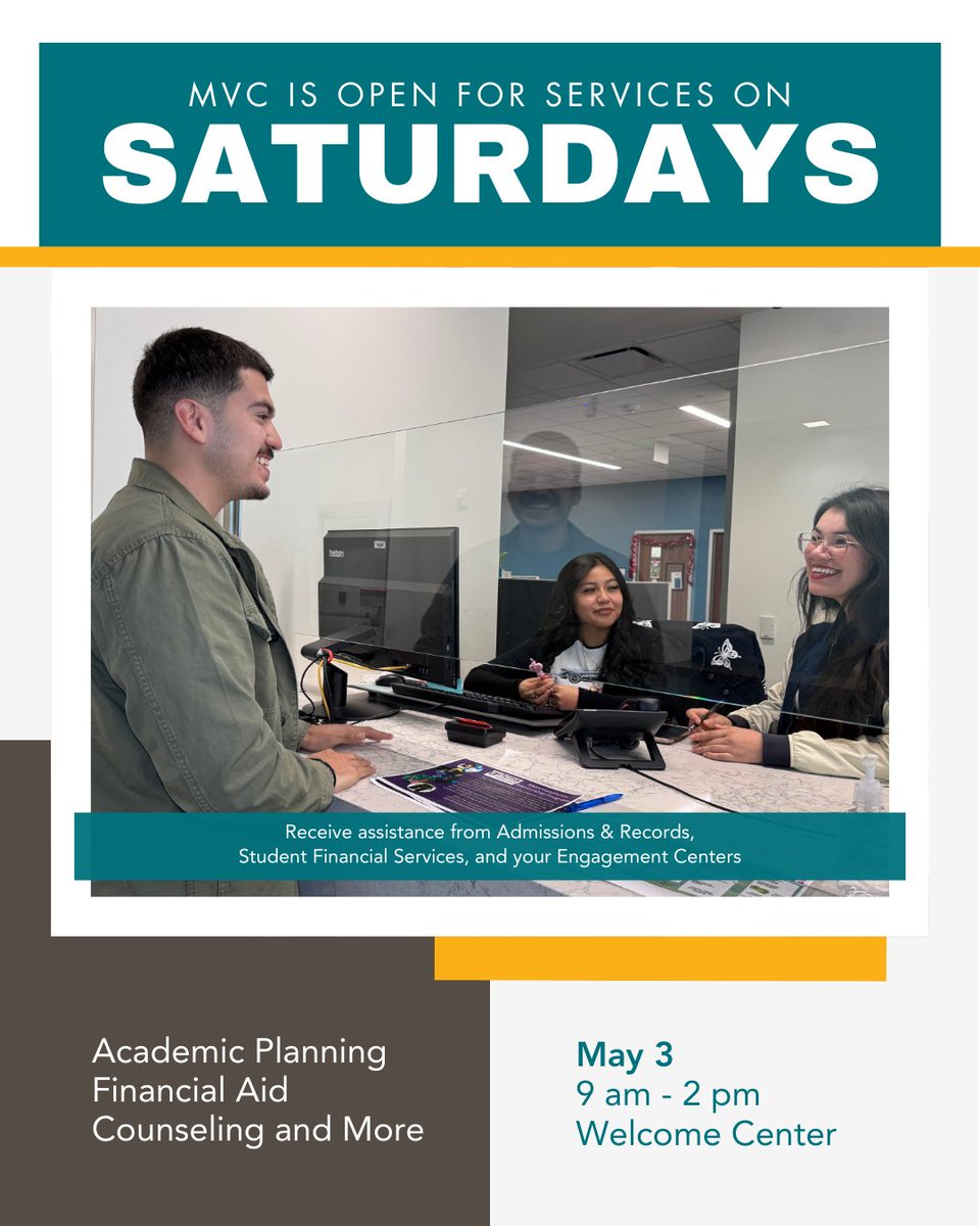 Have a busy schedule but need help registering or to meet with your student services team? We'll be open this Saturday, May 3, from 9 am - 2 pm to assist you. Stop by the Welcome Center building for help on May 3, or study in the ASC and Library (open weekly on Saturday).