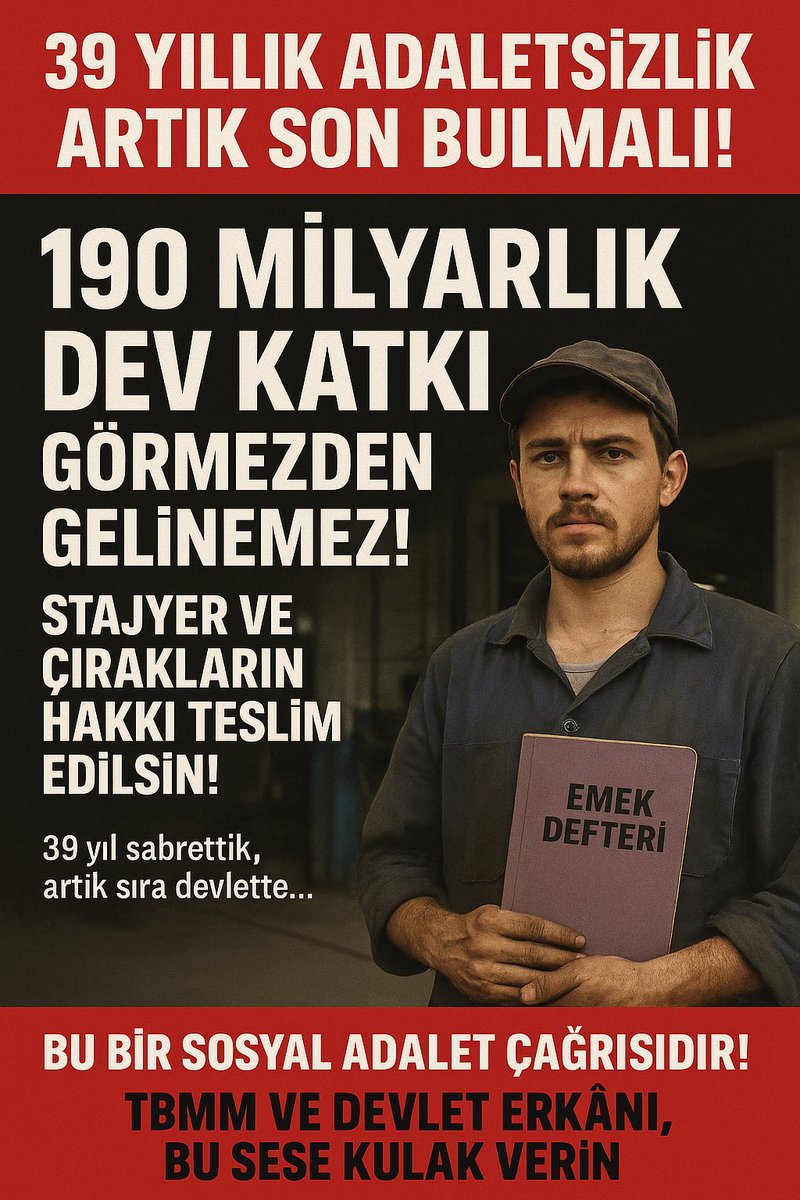 1 Mayıs'ta İşçi Bayramında Stajyer Çırağın Tek Bayramı Tam Sigorta;
<a href="/RTErdogan/">Recep Tayyip Erdoğan</a>
<a href="/isikhanvedat/">Prof. Dr. Vedat Işıkhan</a> 
<a href="/_cevdetyilmaz/">Cevdet Yılmaz</a> 
<a href="/Yusuf__Tekin/">Yusuf Tekin</a> 
<a href="/memetsimsek/">Mehmet Simsek</a> 
<a href="/csgbakanligi/">T.C. Çalışma ve Sosyal Güvenlik Bakanlığı</a> 
<a href="/tcmeb/">Millî Eğitim Bakanlığı</a> 
<a href="/HMBakanligi/">T.C. Hazine ve Maliye Bakanlığı</a> 
<a href="/TCSanayi/">Sanayi ve Teknoloji Bakanlığı</a> 

İşçi Bayramı Yani Emek Bayramı 1 Mayıs..

Emek verenlere bir moral,hatırlanma,emeğinin saygı