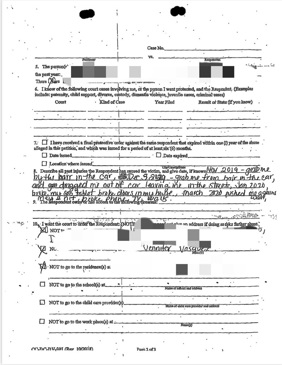 BillMelugin_'s tweet photo. Her own handwritten allegations against Kilmar Abrego Garcia from this 2020 protective order request - I’ve redacted addresses, phone numbers, &amp; identities of the children. This is separate from the 2021 protective order request she filed against him. https://t.co/bH0oAuxy1U