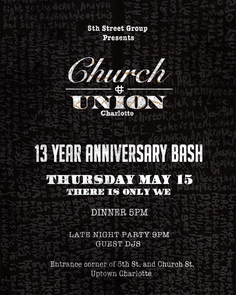 ‼️SAVE THE DATE‼️
Join us Thursday, May 15th for our 13 Year Anniversary!
Enjoy special dinner features from 5pm-9pm, followed by the Late Night Party with special guest DJs 🎉
#CUthere #UptownCharlotte