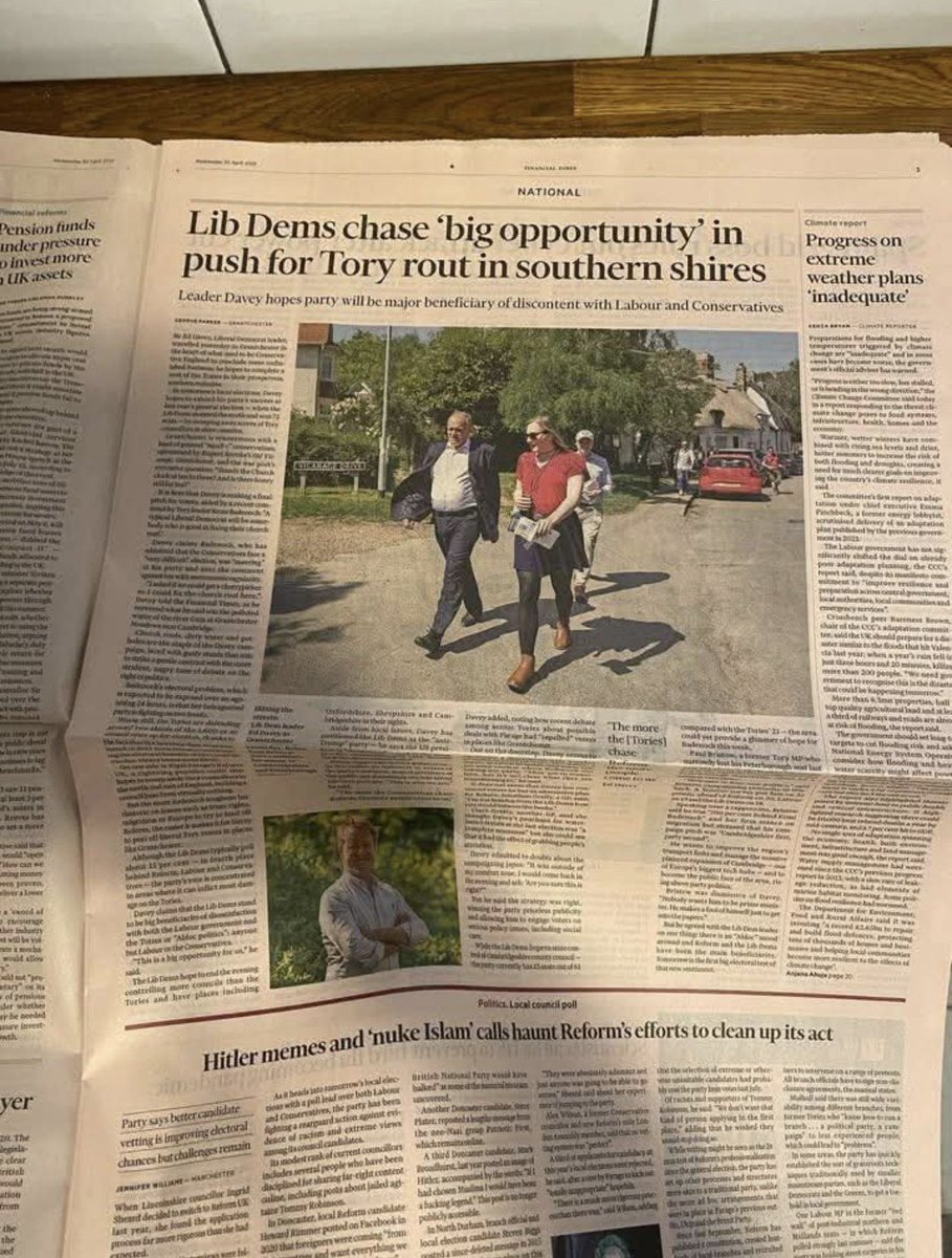 What's that? Oh, just Ed Davey campaigning alongside a trans #LibDem local election candidate as the main picture in the leading article about the local elections in today's FT! 🧡

Best of luck to all <a href="/LibDems/">Liberal Democrats</a> candidates in tomorrow's local elections. 💛
1/2