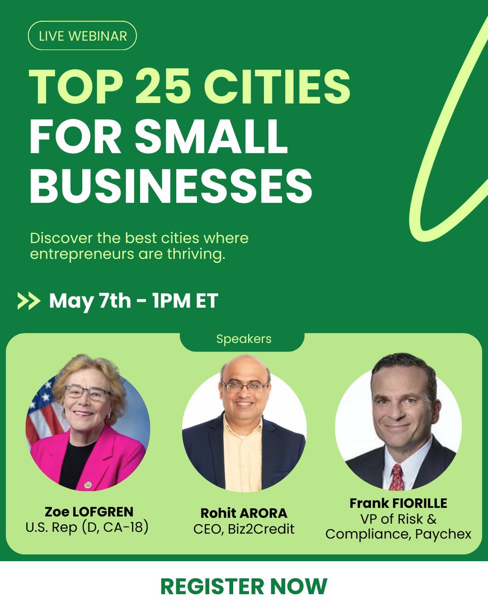 Biz2Credit (@biz2credit) on Twitter photo 🚨 Join us on May 7th 1pm ET for an exclusive look at the Top 25 Cities for Small Business Report with:
- U.S. Rep. (D, CA-18) <a href="/RepZoeLofgren/">Rep. Zoe Lofgren</a>
- Biz2Credit CEO <a href="/RohitBiz2Credit/">Rohit Arora</a>
- Frank <a href="/ffiorille/">Frank Fiorille</a>, VP of Risk & Compliance at <a href="/Paychex/">Paychex</a>
Register: ow.ly/51tL50VKVe5 🚨 Join us on May 7th 1pm ET for an exclusive look at the Top 25 Cities for Small Business Report with:
- U.S. Rep. (D, CA-18) <a href="/RepZoeLofgren/">Rep. Zoe Lofgren</a>
- Biz2Credit CEO <a href="/RohitBiz2Credit/">Rohit Arora</a>
- Frank <a href="/ffiorille/">Frank Fiorille</a>, VP of Risk & Compliance at <a href="/Paychex/">Paychex</a>
Register: ow.ly/51tL50VKVe5