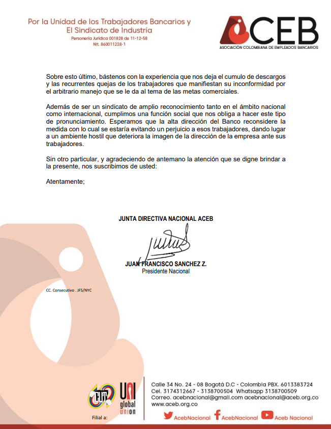 Carta a César Prado, presidente del Banco de Bogotá