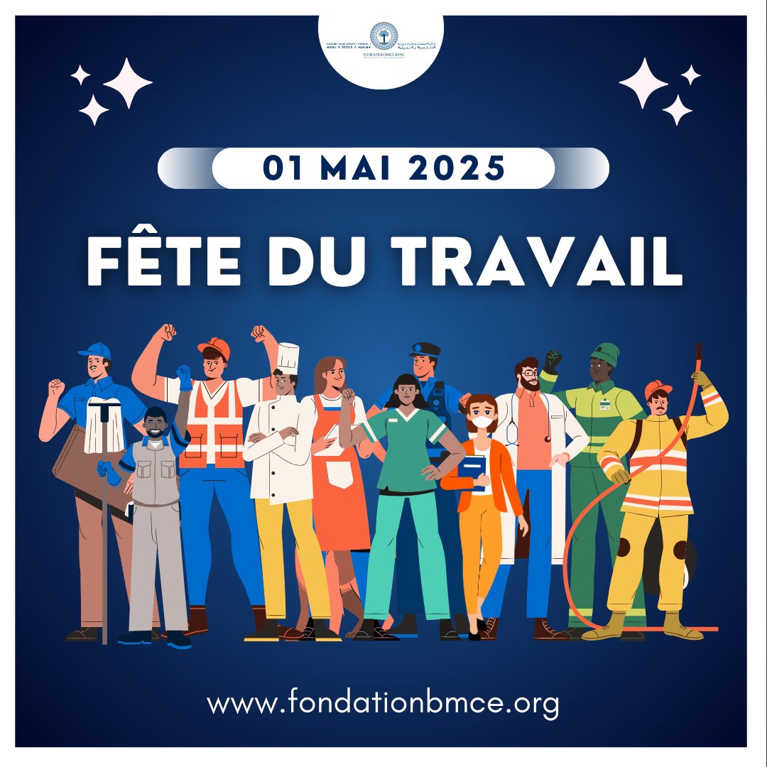 FondationBMCE's tweet photo. En ce 1er mai 2025, célébrons celles et ceux qui, par leur travail quotidien, contribuent à bâtir un avenir meilleur. 

Nous adressons une mention spéciale aux enseignant(e)s, coordinateurs(trices) et superviseur(e)s du réseau Medersat. com pour leur engagement exemplaire. https://t.co/tIQsse5H7Z
