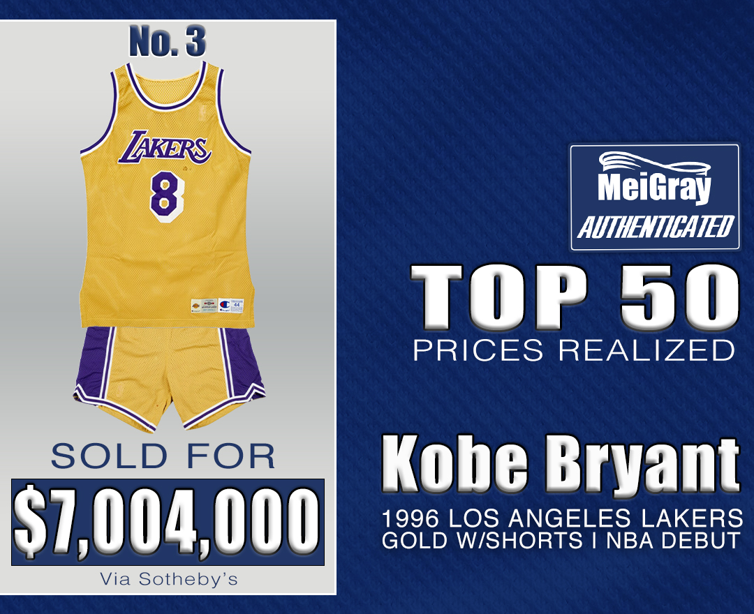 New No. 3️⃣ on the Top 50 Prices Realized list 👀

This iconic gold Los Angeles Lakers jersey, worn by Kobe Bryant during his NBA debut on Nov. 6, 1996, against the Minnesota Timberwolves, was authenticated by MeiGray and sold at auction for $7,004,000 by <a href="/Sothebys/">Sotheby's</a> in April 2025.