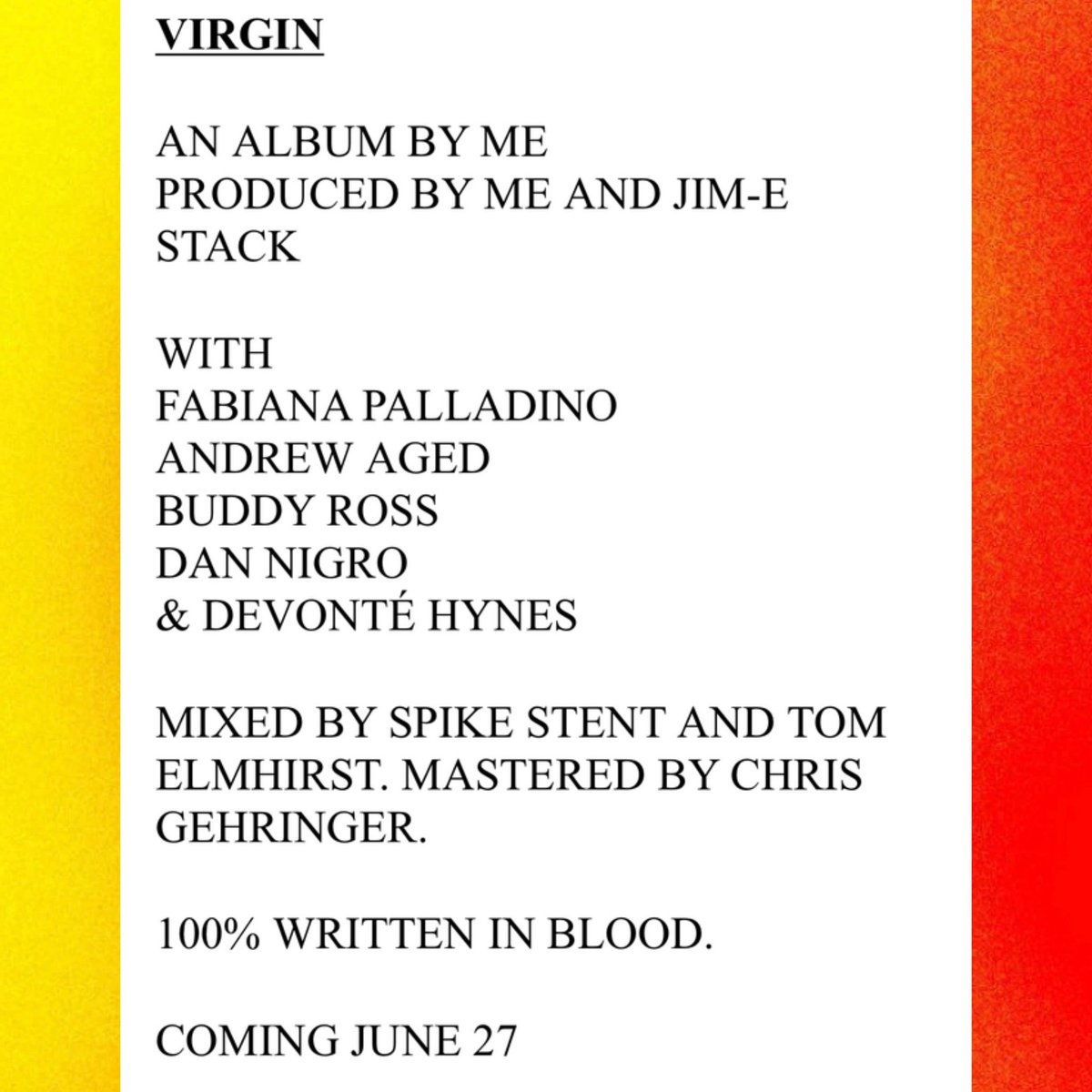 PopCrave's tweet image. Lorde reveals production team for new album, ‘Virgin’:

“100% WRITTEN IN BLOOD”