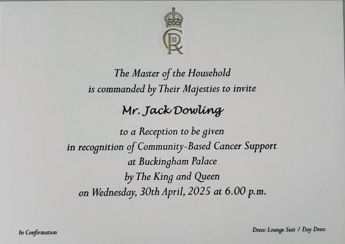 So. This is mad, I’m off to Buckingham Palace to meet the King as part of a reception to celebrate all kinds of community based groups who raise funds and awareness for cancer charities 

Mind blown 🤯 never when we started our fundraising did we see this coming.