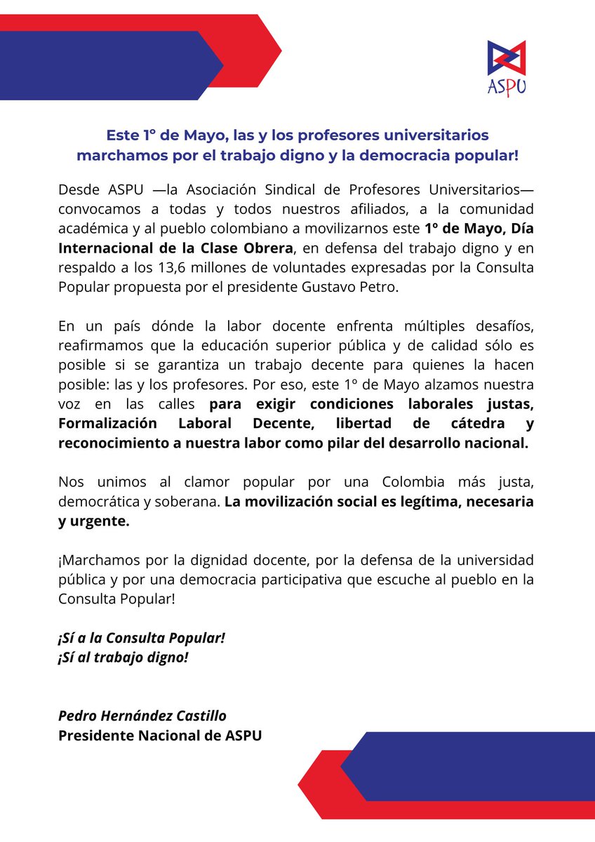 ASPU Colombia (@aspu_colombia) on Twitter photo Este 1º de Mayo, las y los profesores universitarios marchamos por el trabajo digno y la democracia popular! 🔵🔴
<a href="/petrogustavo/">Gustavo Petro</a> <a href="/cutcolombia/">Central Unitaria de Trabajadores</a> <a href="/intEducacion/">IEAL</a> Este 1º de Mayo, las y los profesores universitarios marchamos por el trabajo digno y la democracia popular! 🔵🔴
<a href="/petrogustavo/">Gustavo Petro</a> <a href="/cutcolombia/">Central Unitaria de Trabajadores</a> <a href="/intEducacion/">IEAL</a>