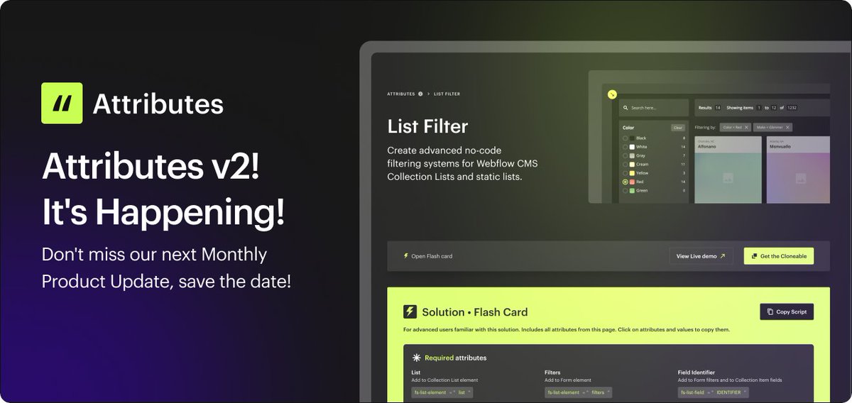 The wait is finally over! Attributes v2 launches May 8th at 12PM ET during our Monthly Product Update livestream. 

Save the date!  Components, Client-First, CMS Bridge &amp; Wized updates as well.  Join us! youtu.be/8OjNKBK7OI4