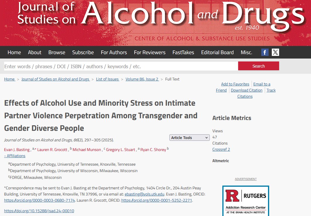 JSADJournal's tweet photo. Effects of Alcohol Use and Minority Stress on Intimate Partner Violence Perpetration Among Transgender and Gender Diverse People (new in @JSADjournal) 
@EvanBasting @UTKnoxville @GrocottLauren @UWMPsychology 
https://t.co/LJLB12JYxQ https://t.co/rU9hkbPUqn