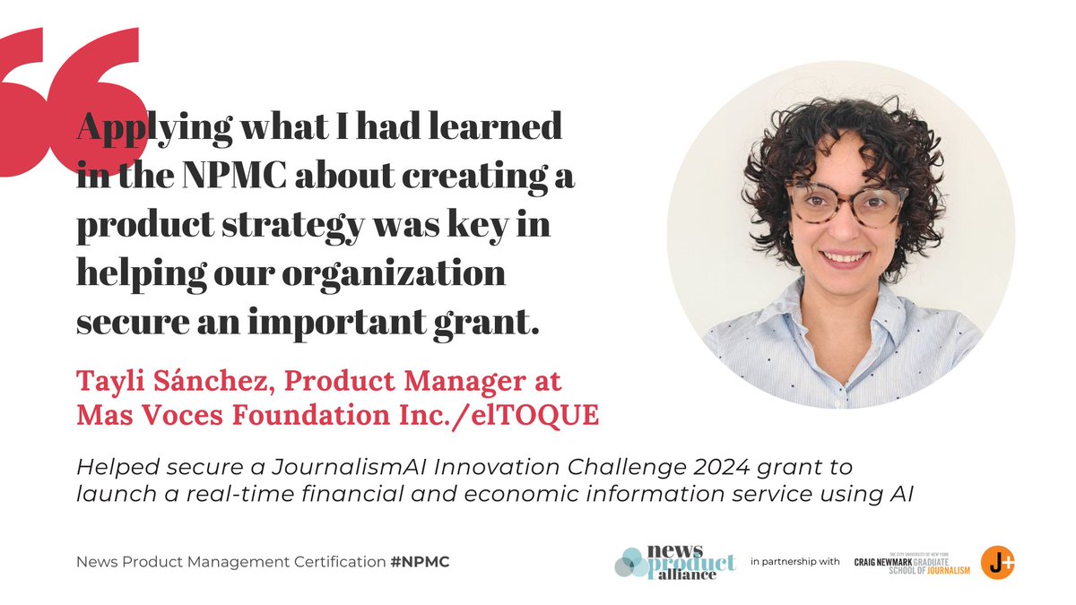 newsproduct's tweet image. After completing the #NPMC program, Taylí Sánchez helped Mas Voces Foundation Inc./elTOQUE secure a JournalismAI Innovation Challenge 2024 grant to build a new AI-powered financial and economic information service for newsrooms.