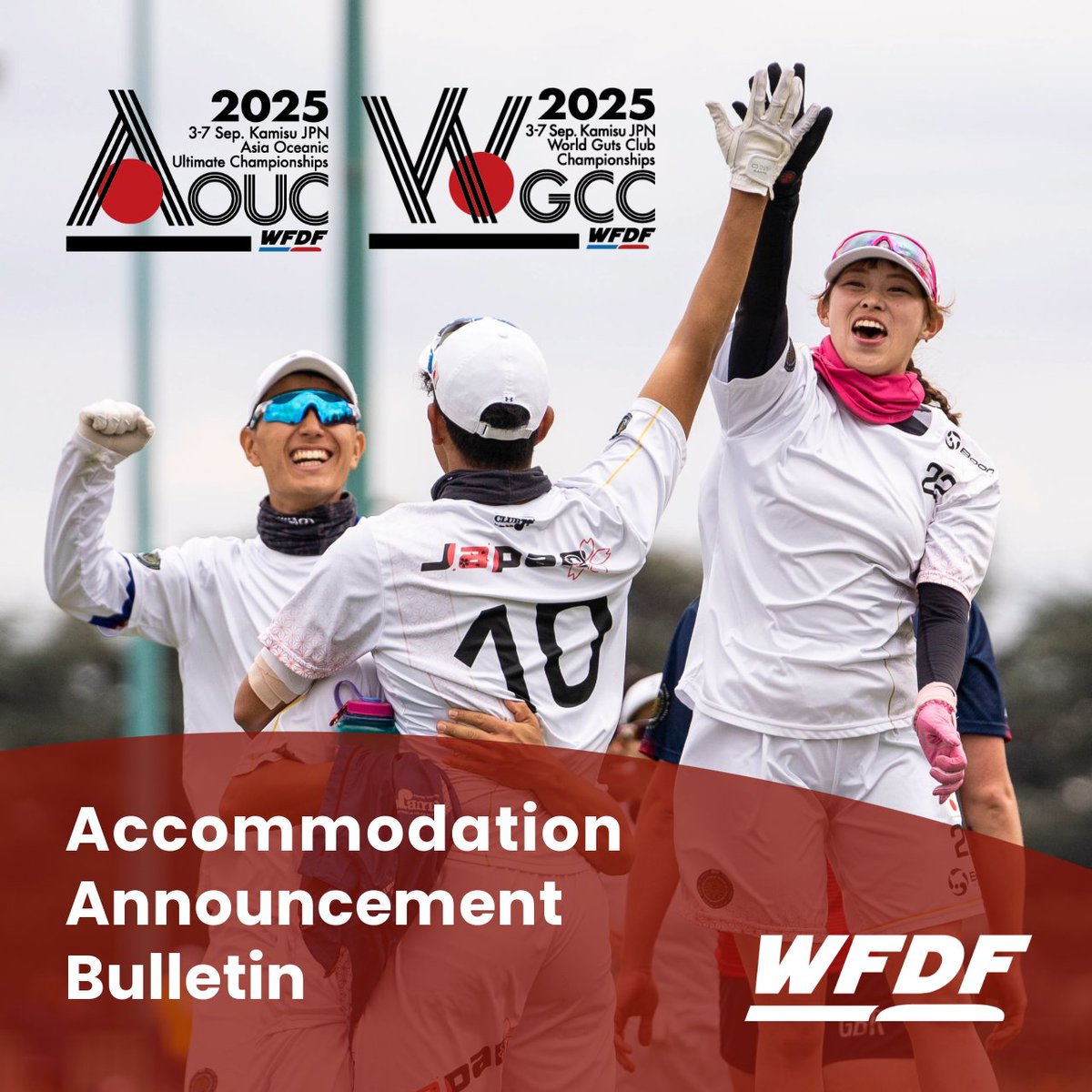 🏨 AOUC &amp; WGCC 2025 Accommodation Bulletin is out!
🗓️ Stay in Kamisu 3–7 Sept withka LOC-organised hotels
🚌 Shuttle info included
🔥 Book early to be close to the action!
📄 wfdf.sport/wp-content/upl…
#WFDF #AOUC2025 #WGCC2025