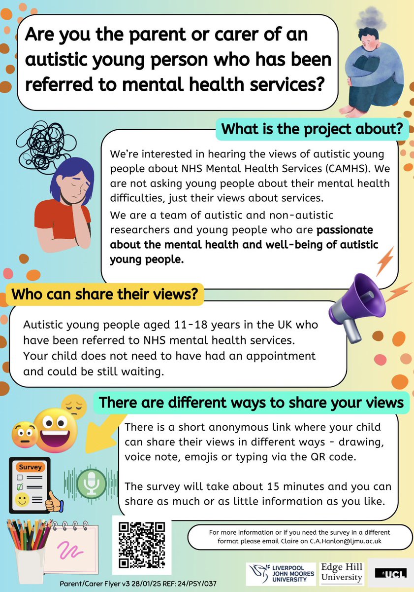 Lucy Bray (@lucybray9) on Twitter photo Autistic children and young people, aged 11-18 please share your views about CAMHS by writing, recording a voice note or by drawing and labelling a picture in a short survey β¬οΈ
ljmu.questionpro.eu/a/TakeSurvey?tβ¦
<a href="/JoPavlopoulou/">Dr Georgia Pavlopoulou</a> <a href="/EDalmayne/">Emma Dalmayne/ Big Em/Neurodiversity Queen Bee</a> Autistic children and young people, aged 11-18 please share your views about CAMHS by writing, recording a voice note or by drawing and labelling a picture in a short survey β¬οΈ
ljmu.questionpro.eu/a/TakeSurvey?tβ¦
<a href="/JoPavlopoulou/">Dr Georgia Pavlopoulou</a> <a href="/EDalmayne/">Emma Dalmayne/ Big Em/Neurodiversity Queen Bee</a>