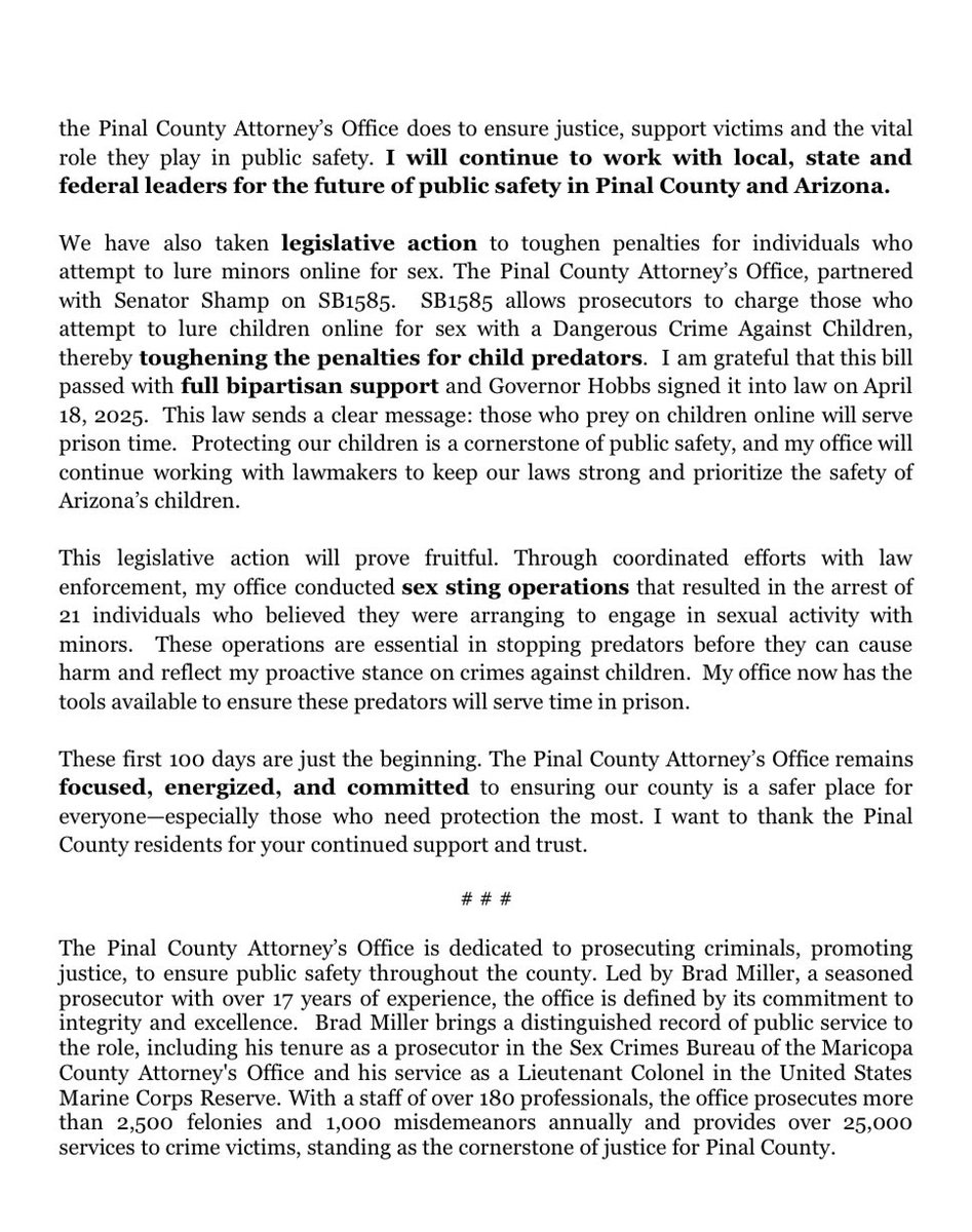 🚨FOR IMMEDIATE RELEASE: 100 days in office — and just getting started.  

Please read about my key accomplishments since taking office.  I want to thank the Pinal County residents for your continued trust and support. 

My office remains focused, energized, and committed to