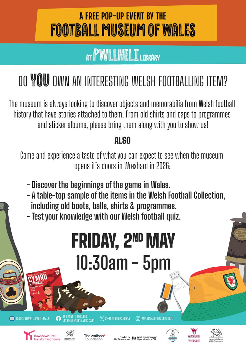 FootyMuseumWal's tweet photo. Pobl Pwllheli! Do YOU own an interesting Welsh footballing item? 

Join us at Pwllheli Library this Friday!👇

@cpdpwllfc @LlyfrGwyneddLib @CyngorGwynedd #Pwllheli https://t.co/dZi5pI7NiH