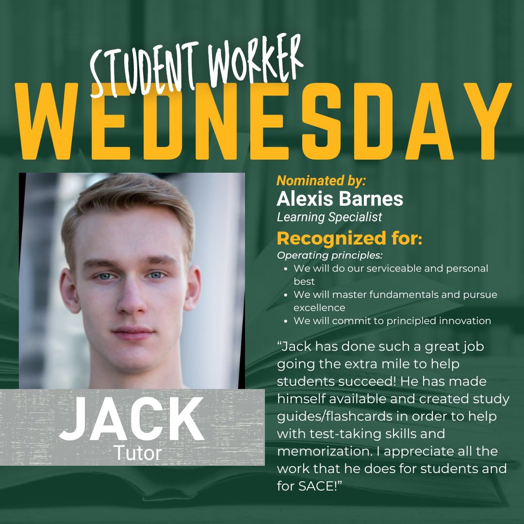 🌟 Student Worker Wednesday Spotlight! 🌟

Meet Jack, one of our outstanding tutors, recognized for going above and beyond to support student success.

Thank you, Jack, for all you do for SACE and our students! 🙌

#StudentWorkerWednesday