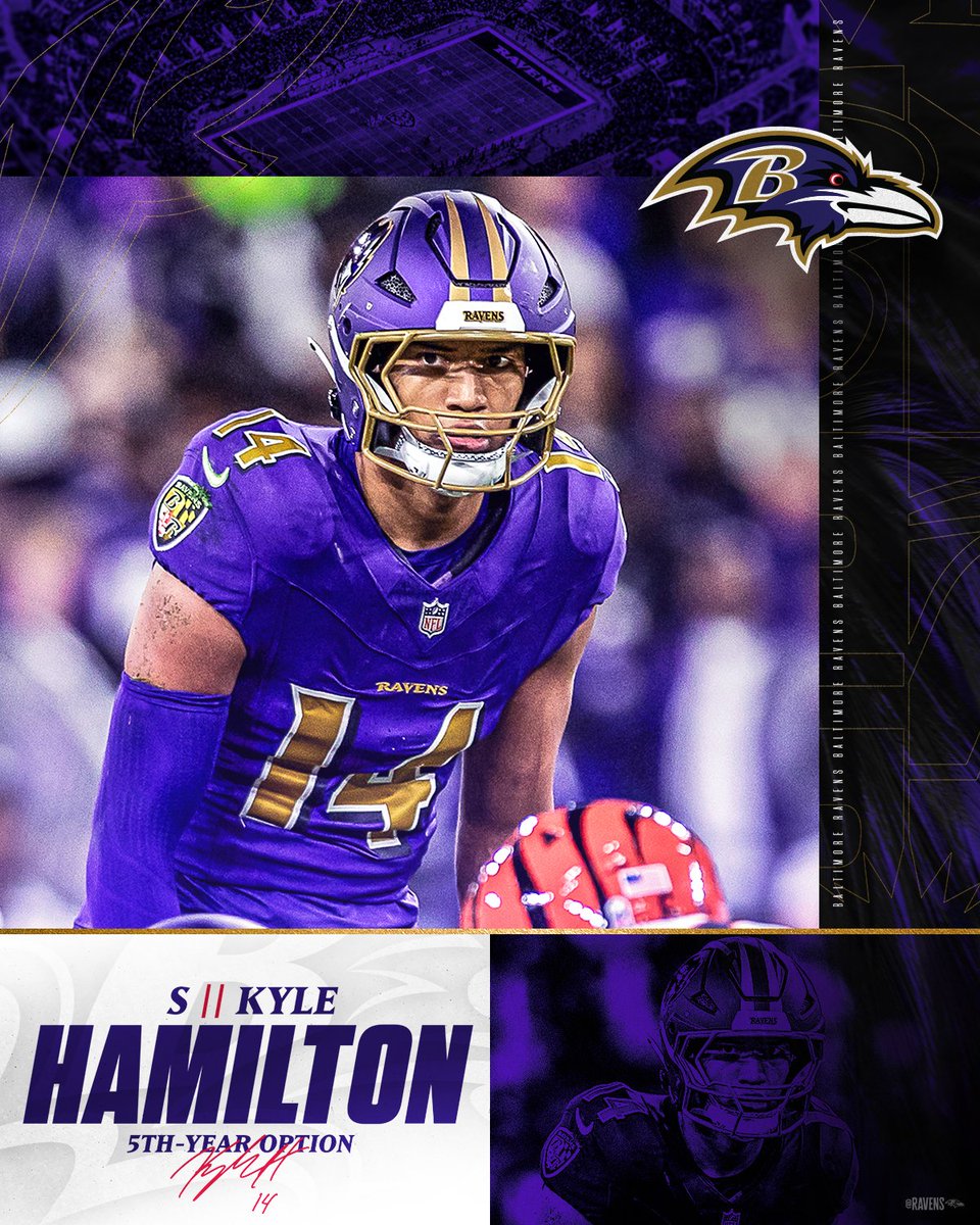 Ravens's tweet image. We are exercising the fifth-year option for safety Kyle Hamilton!

Statement from General Manager Eric DeCosta.