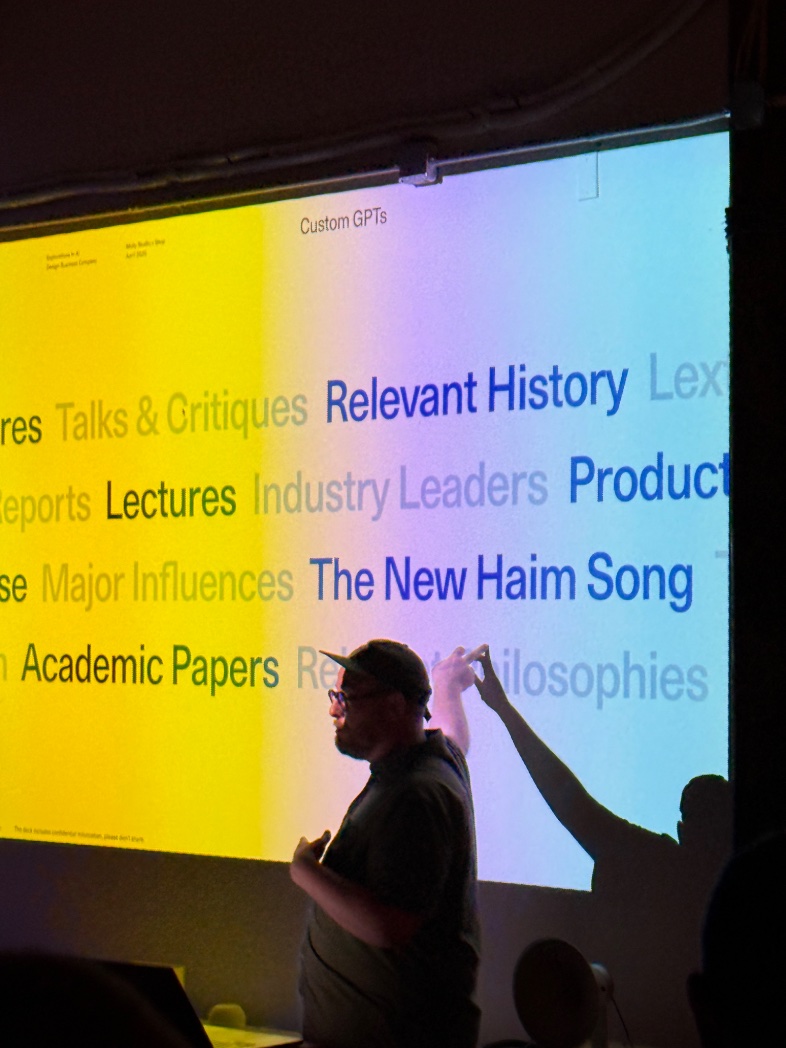 had fun listening to <a href="/judson/">jud</a> explain <a href="/designbizco/">DBCo</a>’s secret sauce of teaching their custom GPTs about the new Haim song at the <a href="/shop/">Shop</a> x <a href="/mollydotstudio/">Molly</a> AI demo night