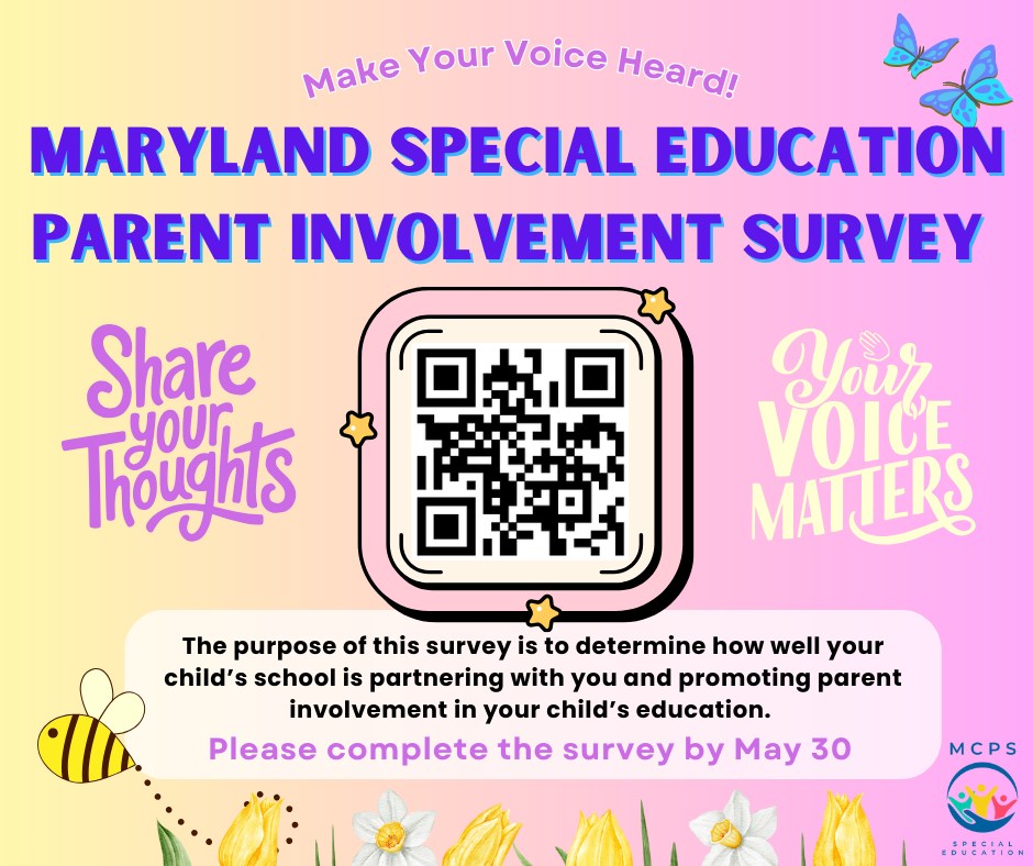 MCPSMDSpecialEd's tweet image. Do you have a child who receives special education services in MCPS?
Please take 5 minutes to complete the Maryland Special Education Parent Involvement Survey: mdparentsurvey.com
Remember the survey must be completed by May 30