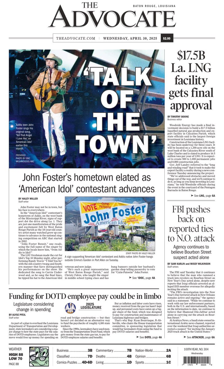 If you drive through West Baton Rouge, you might have noticed “Vote John Foster” signs all over the parish. Here’s a fun story in print today about how the American Idol contestant’s hometown is showing pride for its rising country star.