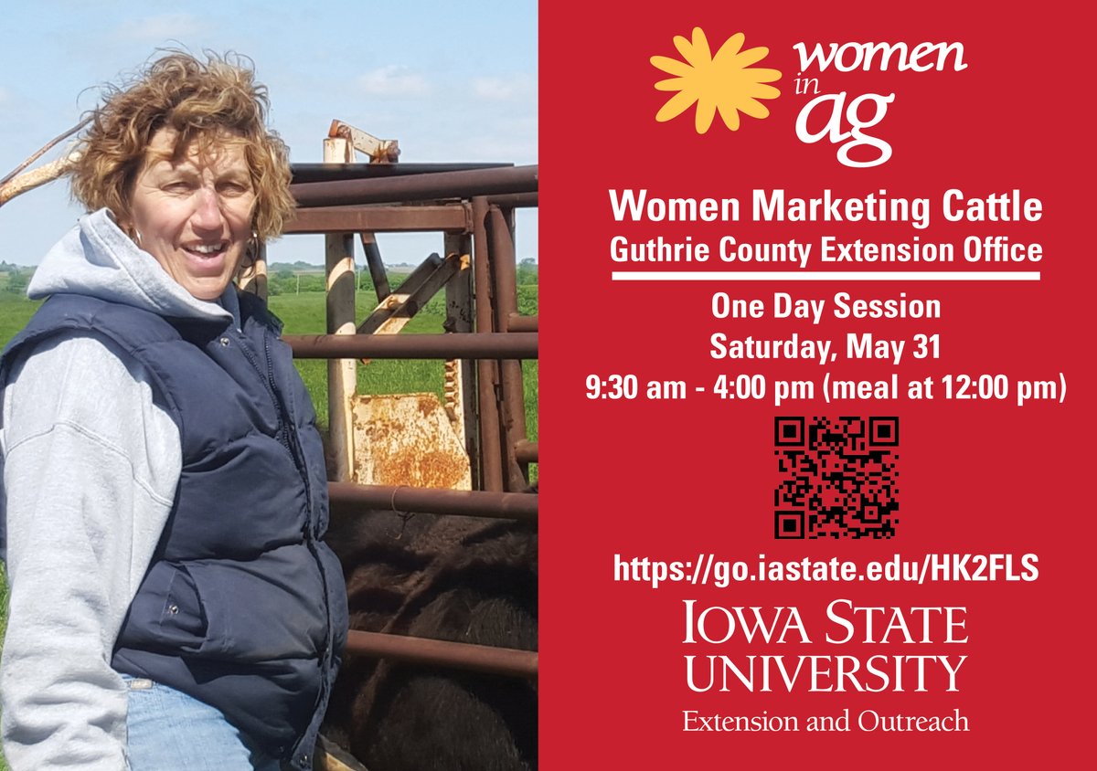Are you interested in learning ways to help make your cattle business more profitable? Sign up for Women Marketing Cattle in Guthrie Center. This day-long session is May 31. Register today!
go.iastate.edu/HK2FLS