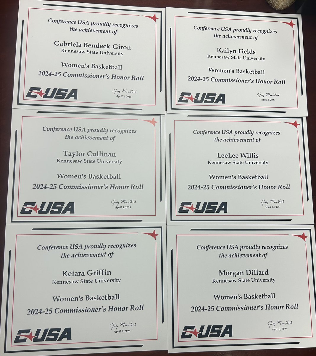 Kennesaw State WBB (@ksuowlswbb) on Twitter photo Congrats to our six <a href="/ConferenceUSA/">Conference USA</a> Commissionerโs Honor Roll award winners ๐ ๐
<a href="/gaby_bendeck/">GABRIELA BENDECK-GIRON</a>
<a href="/Kailyn_Fields/">Kailyn Fields</a>
Taylor Cullinan
<a href="/Leeairawillis23/">LeeLee</a>
<a href="/KeiaraGriffin/">Keiara Griffin</a>
<a href="/_MoDillard/">Morgan Dillard</a>
#๐
๐ฅ๐ฒ๐๐ข๐ฅ๐๐ง๐ญ | #๐๐ง๐๐๐๐๐จ๐ซ๐ Congrats to our six <a href="/ConferenceUSA/">Conference USA</a> Commissionerโs Honor Roll award winners ๐ ๐
<a href="/gaby_bendeck/">GABRIELA BENDECK-GIRON</a>
<a href="/Kailyn_Fields/">Kailyn Fields</a>
Taylor Cullinan
<a href="/Leeairawillis23/">LeeLee</a>
<a href="/KeiaraGriffin/">Keiara Griffin</a>
<a href="/_MoDillard/">Morgan Dillard</a>
#๐
๐ฅ๐ฒ๐๐ข๐ฅ๐๐ง๐ญ | #๐๐ง๐๐๐๐๐จ๐ซ๐